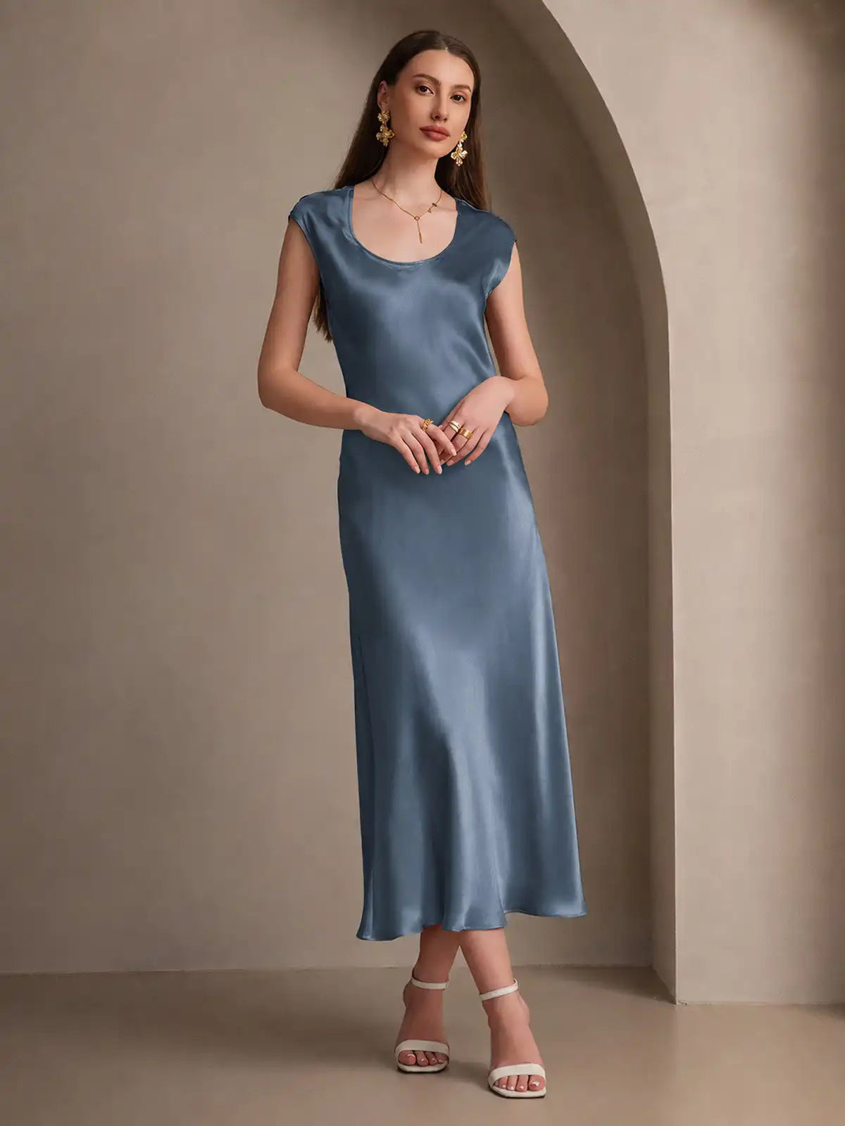 19Momme Silk Cap Sleeve Round Neck Midi Dress