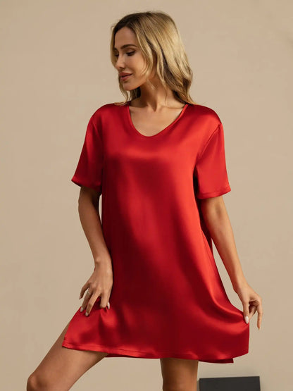 100% Mulberry Silk Half Sleeve V-neck Short Nightgown with Split Design