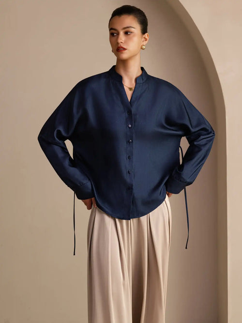 100% Mulberry Silk Women’s Split Neck Long Sleeve Blouse With Drawstring