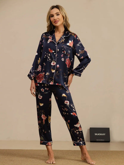 Women's 100% Mulberry Silk Navy Floral Print Long Sleeve Lapel Collar Button Up Pajamas Set