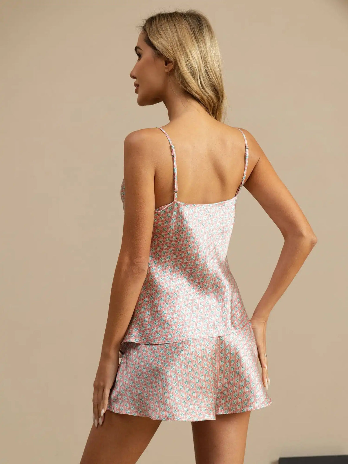 100% Mulberry Silk Geometric Print Spaghetti Strap V Neck Camisole Set