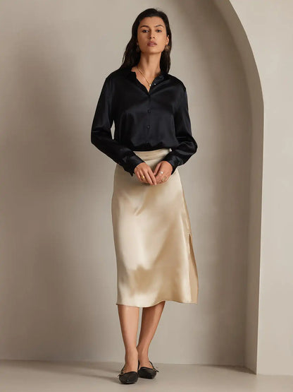 19Momme Silk Long Sleeve Lapel Collar Women's Shirt with Button Up Design