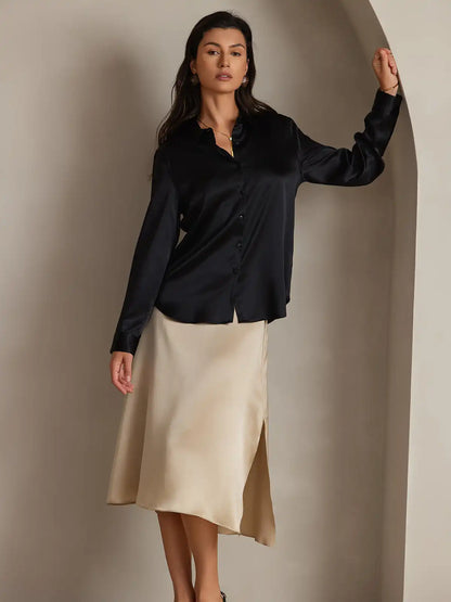 19Momme Silk Long Sleeve Lapel Collar Women's Shirt with Button Up Design