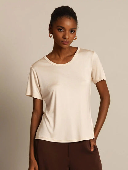 Women's 100% Mulberry Silk Short Sleeve Round Neck Basic T-Shirt