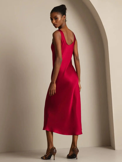 100% Mulberry Silk Sleeveless U Neck Midi Long Dress