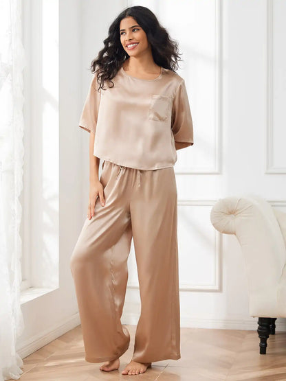 Women's 100% Mulberry Silk Half Sleeve Round Neck Pajamas Set