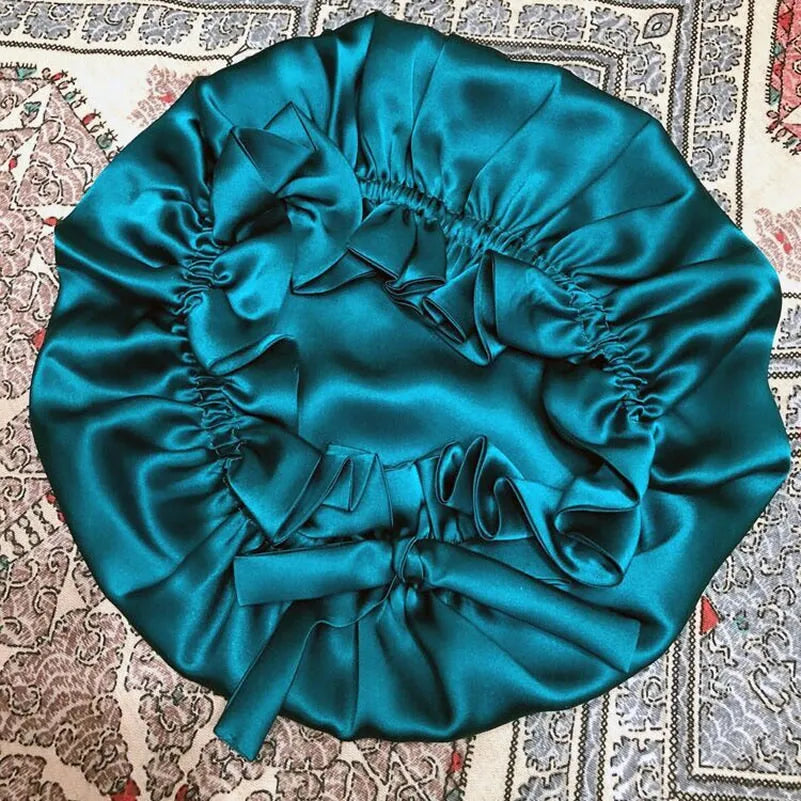 100% Mulberry Silk Sleep Cap Double Layer Bonnet with Ribbon