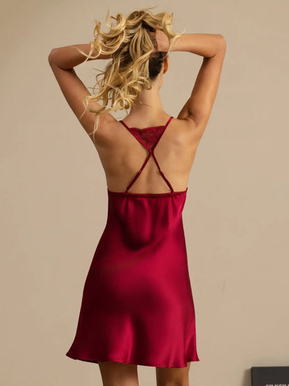 100% Mulberry Silk Nightgown Lace Trim Chemise with Side Slit