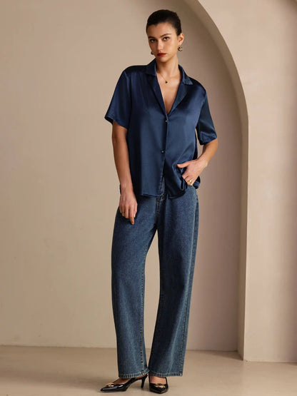 19Momme Silk Short Sleeve Notched Lapel Women's Shirt with Button Up Design