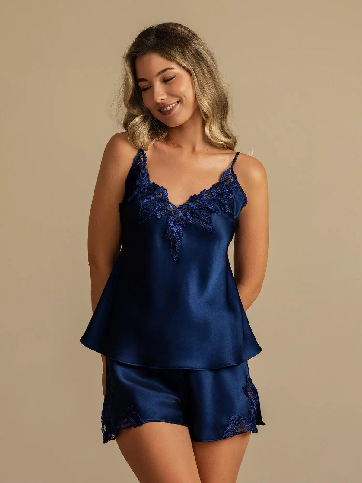100% Mulberry Silk Lace Trim Camisole Set with Side Slit
