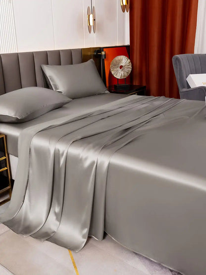 19Momme 4Pcs 100% Mulberry Silk Bedding Set Fitted&Flat Sheets+2x Pillowcases