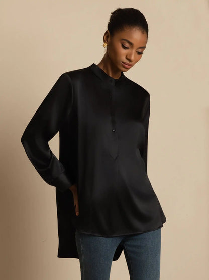 19Momme Silk Women’s  Stand Collar High-Low Blouse With Button Detail