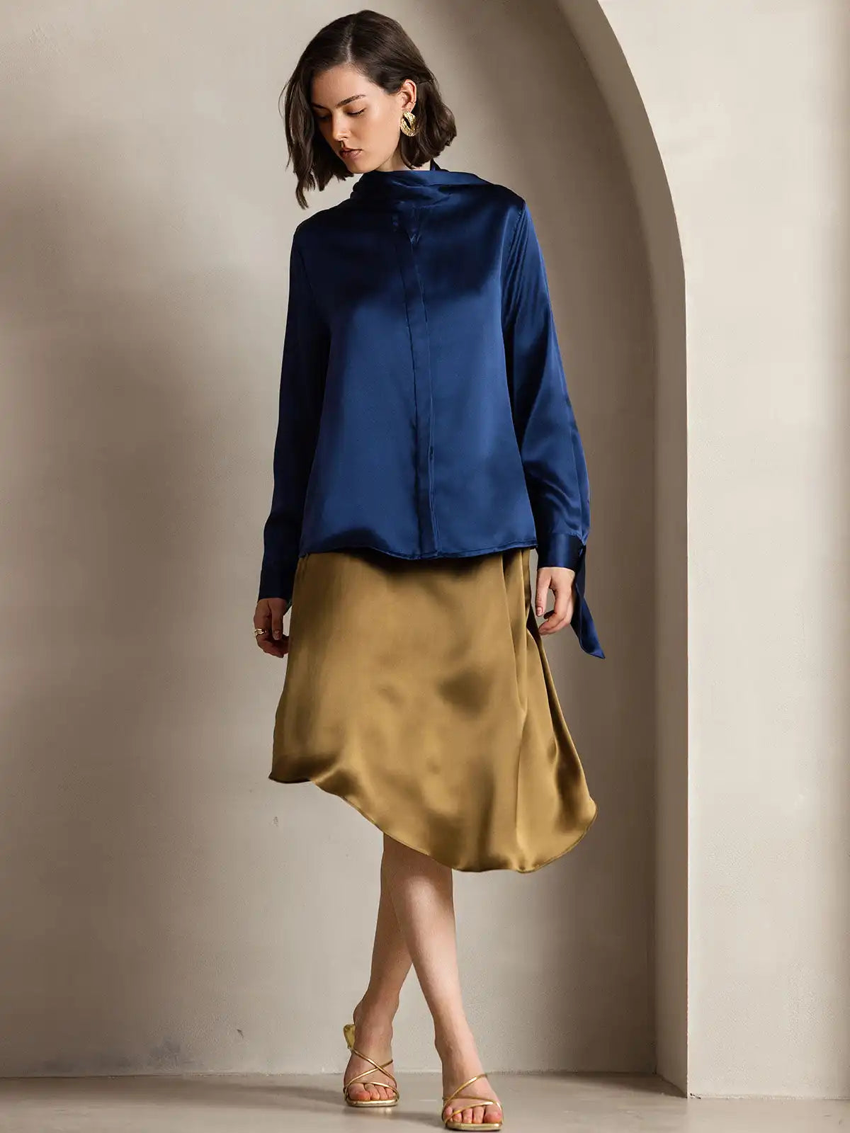 19Momme Silk Long Sleeve High Neck Bow Tie Blouse