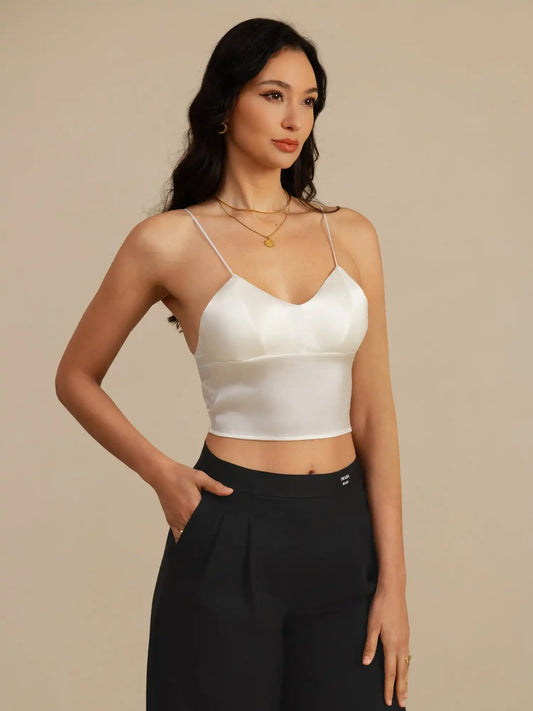 19Momme Silk Crop Top Spaghetti Strap V Neck Camisoles with Built-in Bra
