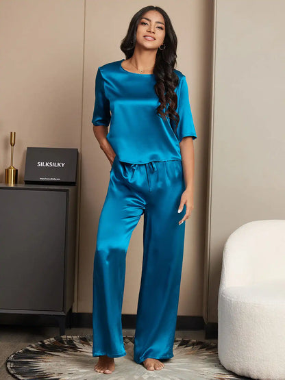 Women's 100% Mulberry Silk Half Sleeve Round Neck Pajamas Set