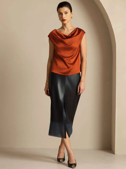 19Momme Women's Silk Cap Sleeve Cowl Neck Top