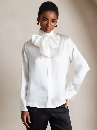 19Momme Silk Long Sleeve High Neck Bow Tie Blouse