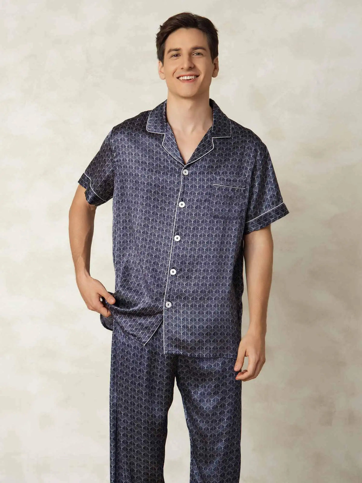 Clearance - Men's Pure Silk Navy Ginkgo Print Short Sleeve Pajamas Set with Pants