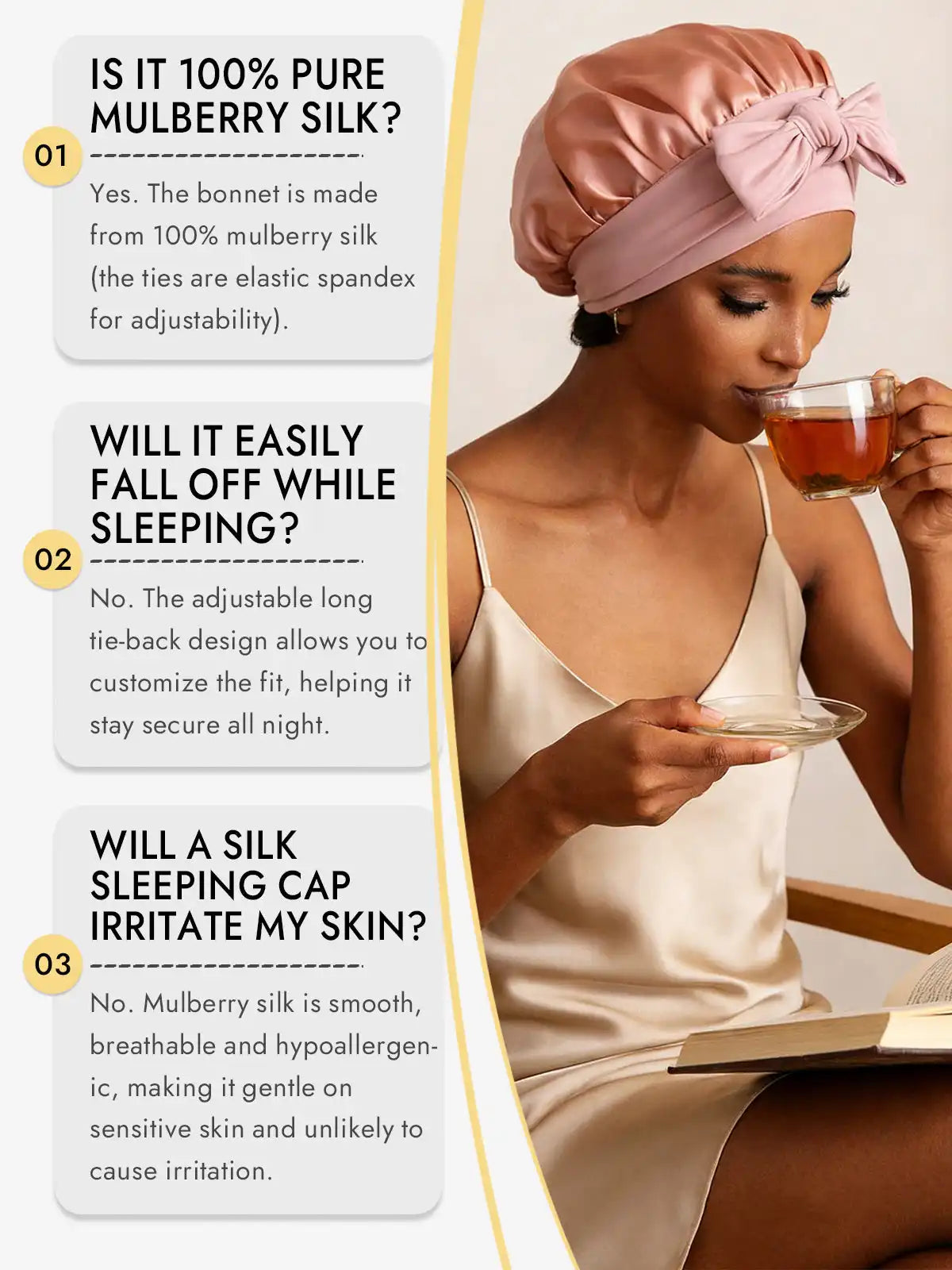 100% Mulberry Silk Bonnet Bowknot Tie Sleep Cap for Hair Protection