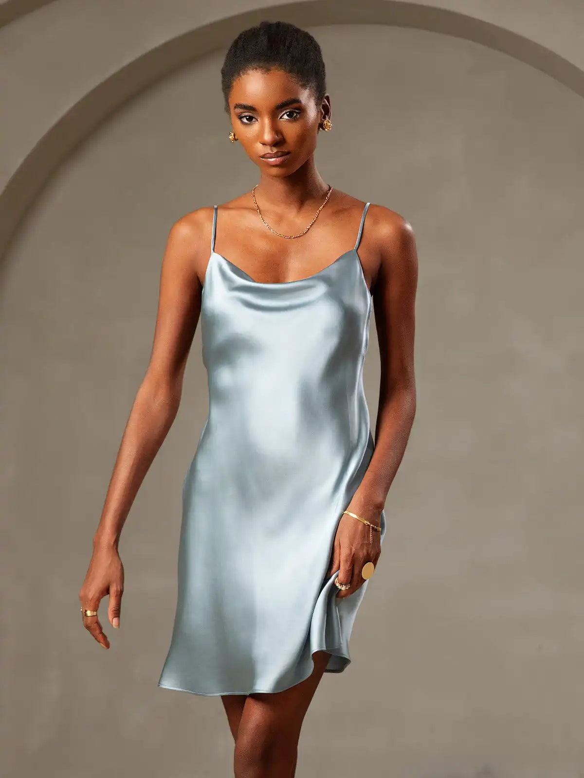 100% Mulberry Silk Spaghetti Strap Cowl Neck Short Nightgown