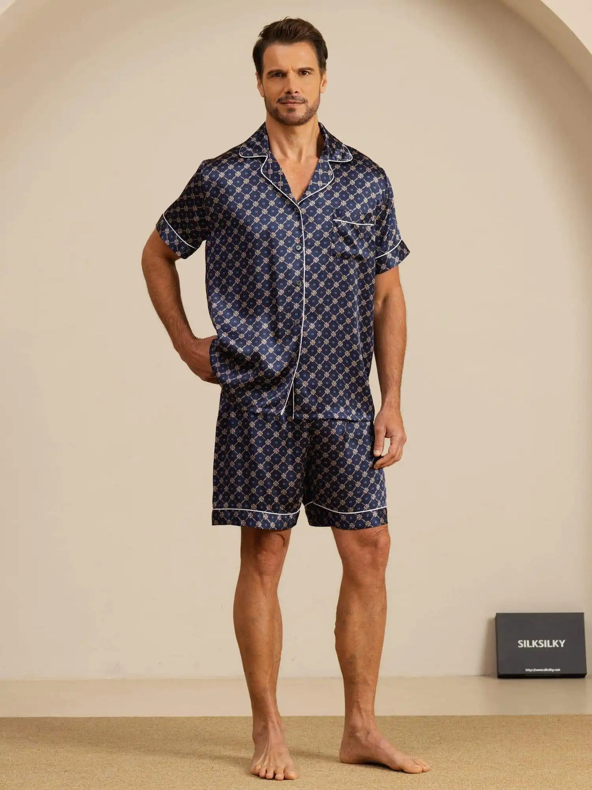 100% Mulberry Silk Short Sleeve Notch Collar Men's Chain Print Pajamas Set with Shorts