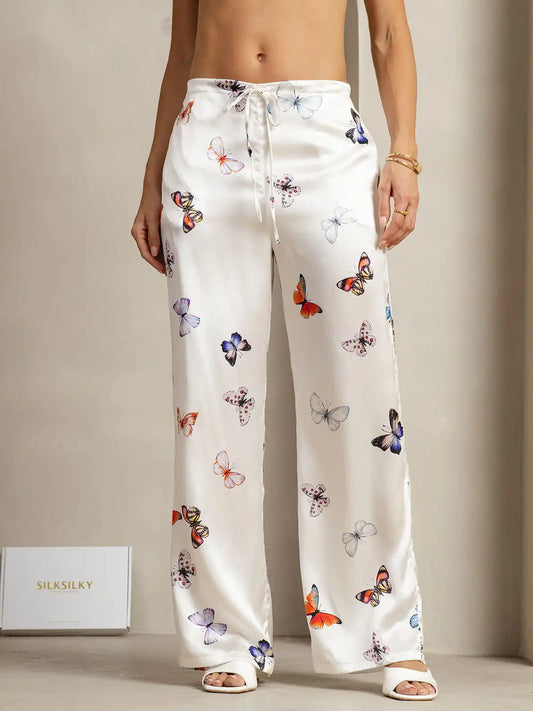 19Momme Silk Butterfly Print Wide Leg Women's Pants With Side Pockets Design