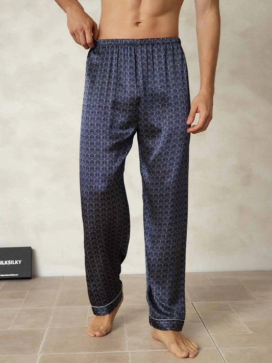 Men's 100% Mulberry Silk Ginkgo Print Sleep Pants with Elastic Waist