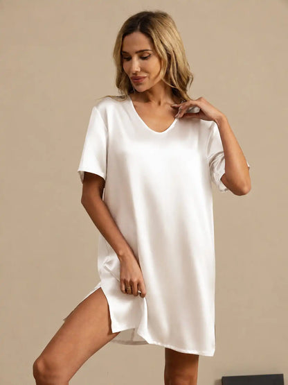 100% Mulberry Silk Half Sleeve V-neck Short Nightgown with Split Design