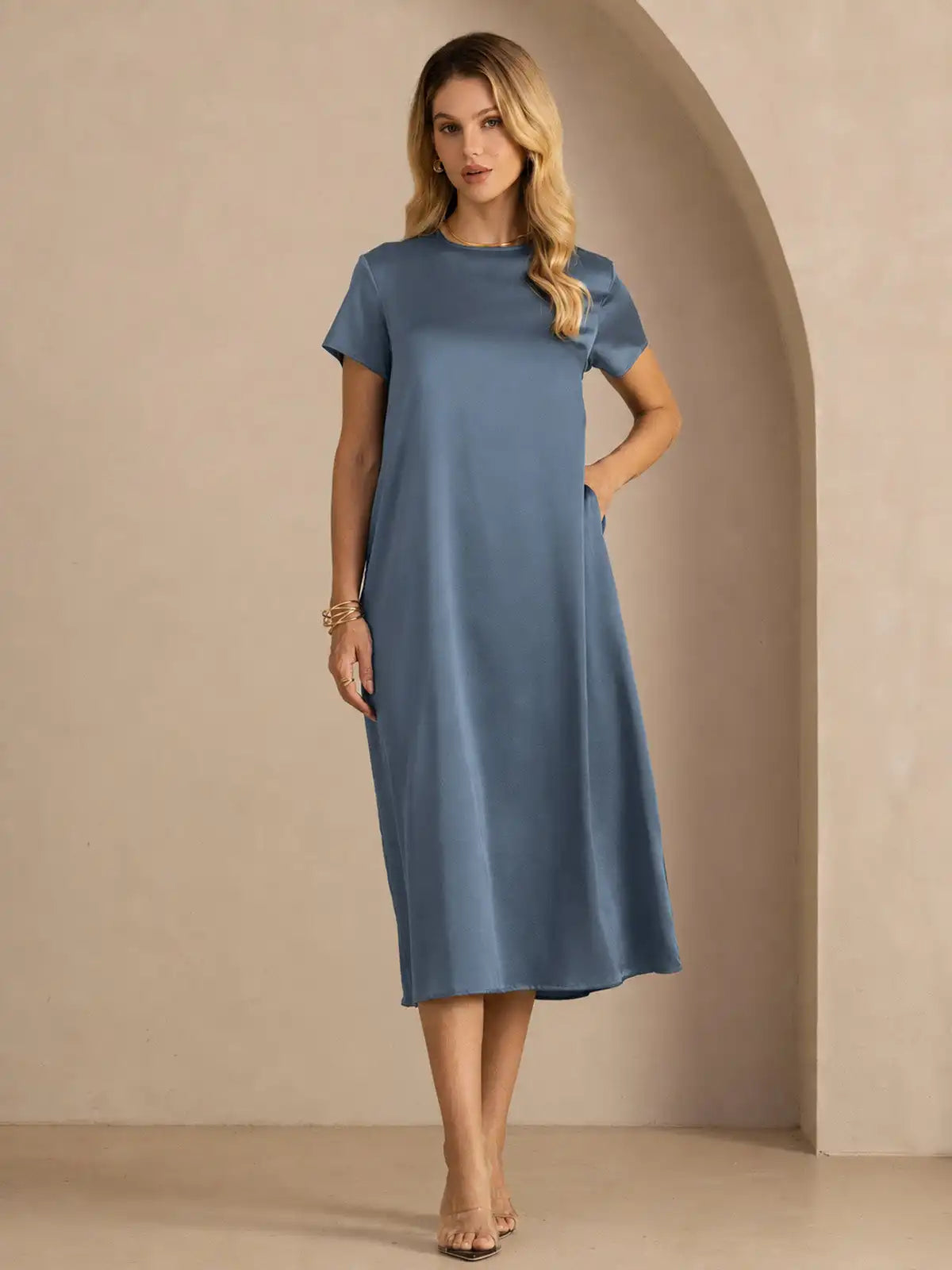 19Momme Silk Short Sleeve Crew Neck  Midi Dress With Side Pockets