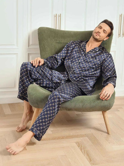 100% Mulberry Silk Navy Chain Print Long Sleeve Men's Pajamas Set With Pants