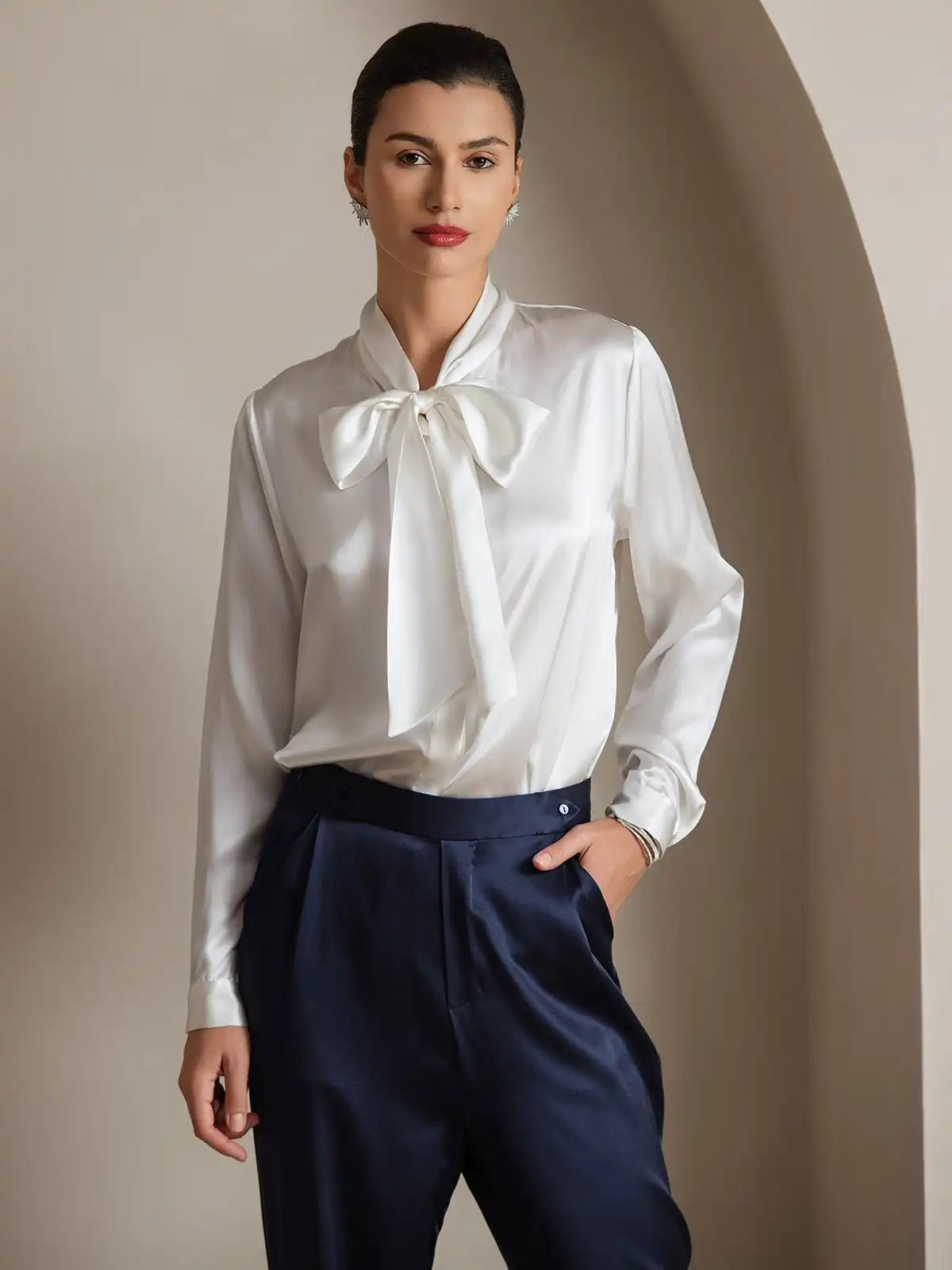 Elegant 19Momme Silk Long Sleeve Tie Neck Blouse