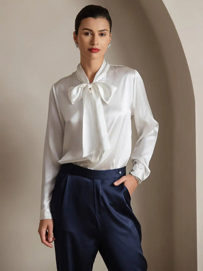 Elegant 19Momme Silk Long Sleeve Tie Neck Blouse