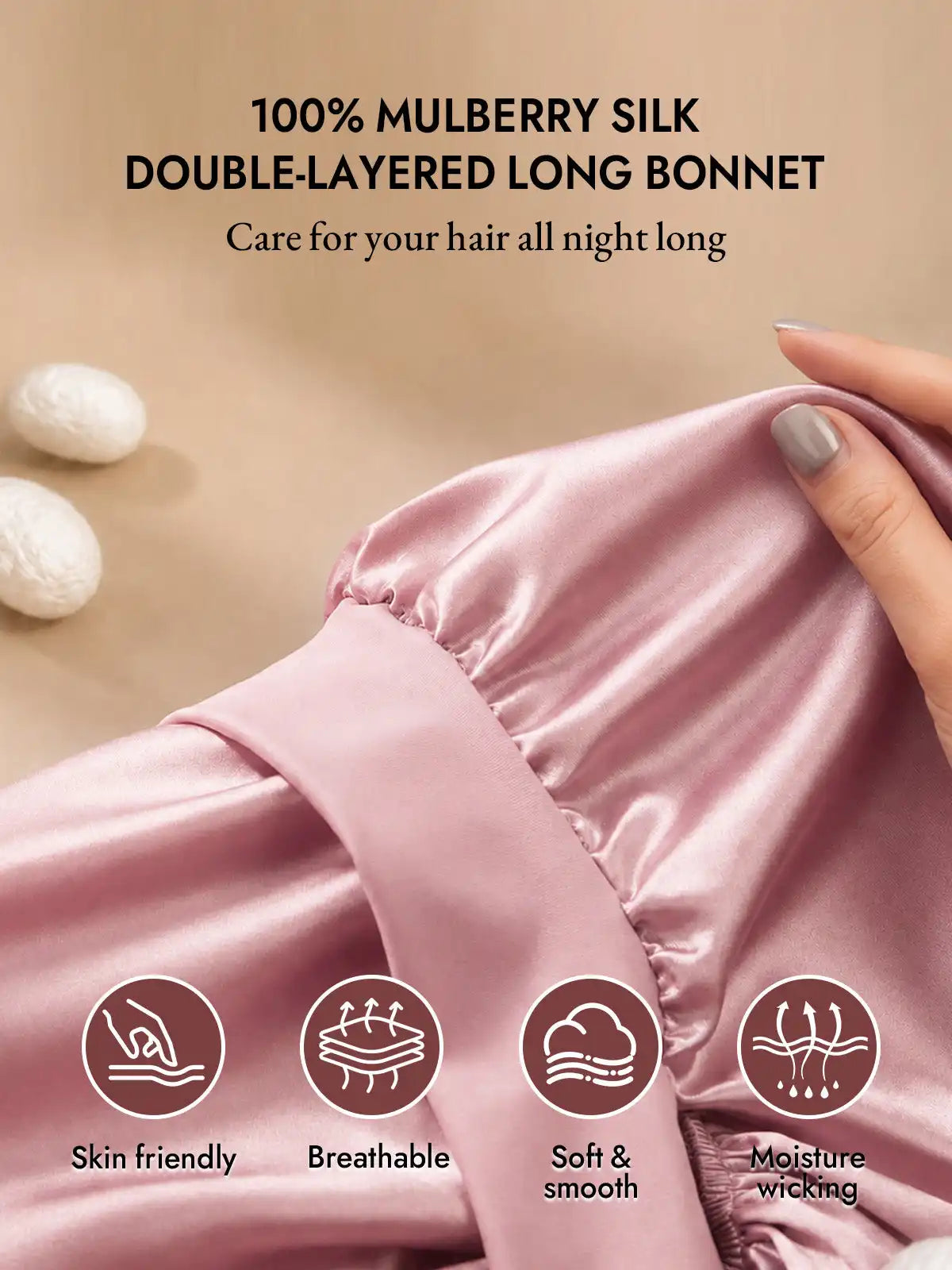100% Mulberry Silk Double-Layer Long Bonnet with Adjustable Long Tie