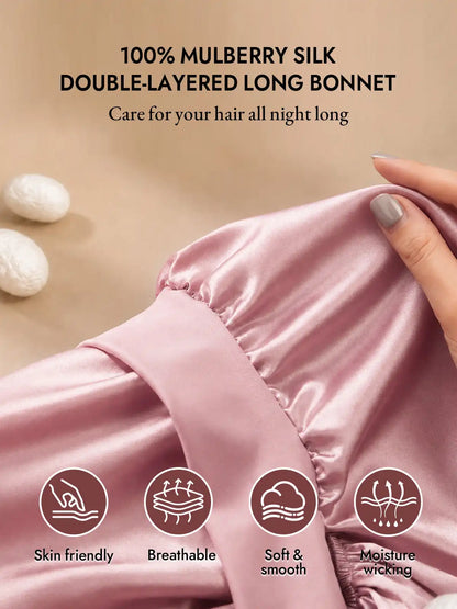 100% Mulberry Silk Double-Layer Long Bonnet with Adjustable Long Tie