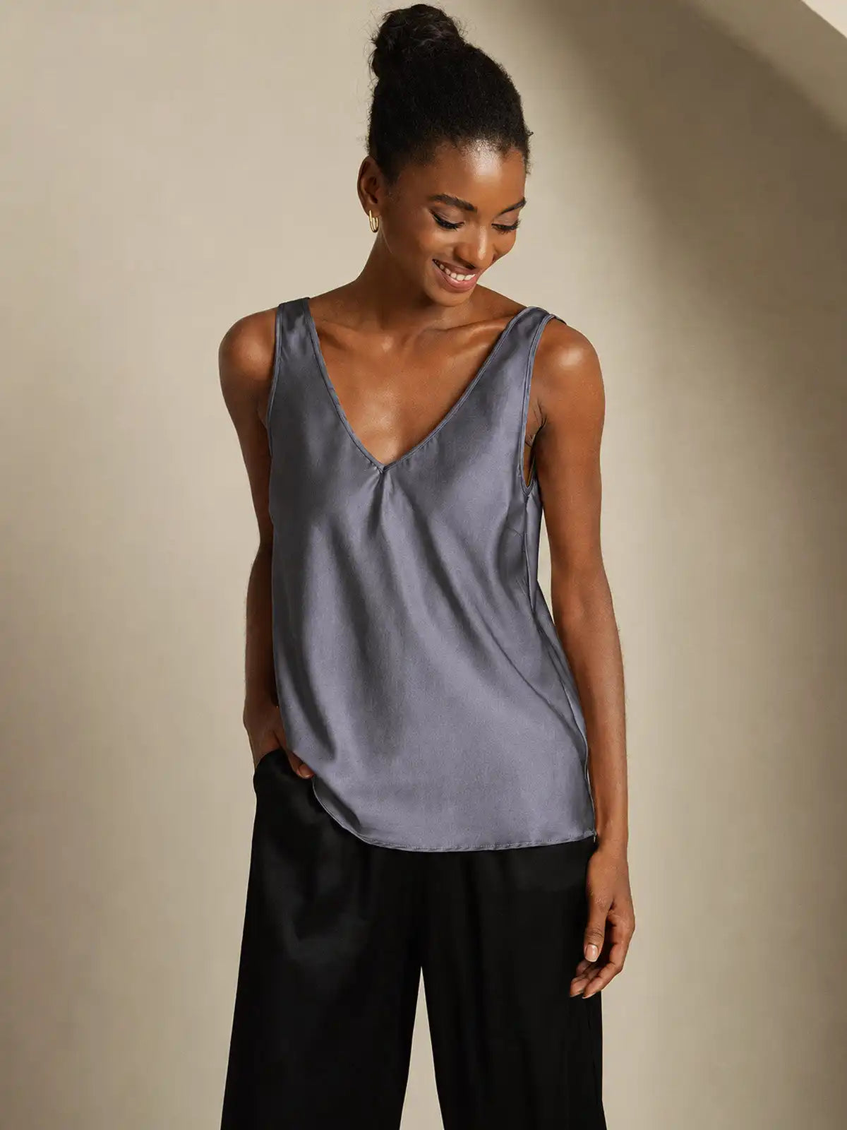 19Momme Silk Sleeveless V Neck Women's Tank Top with V Back Design