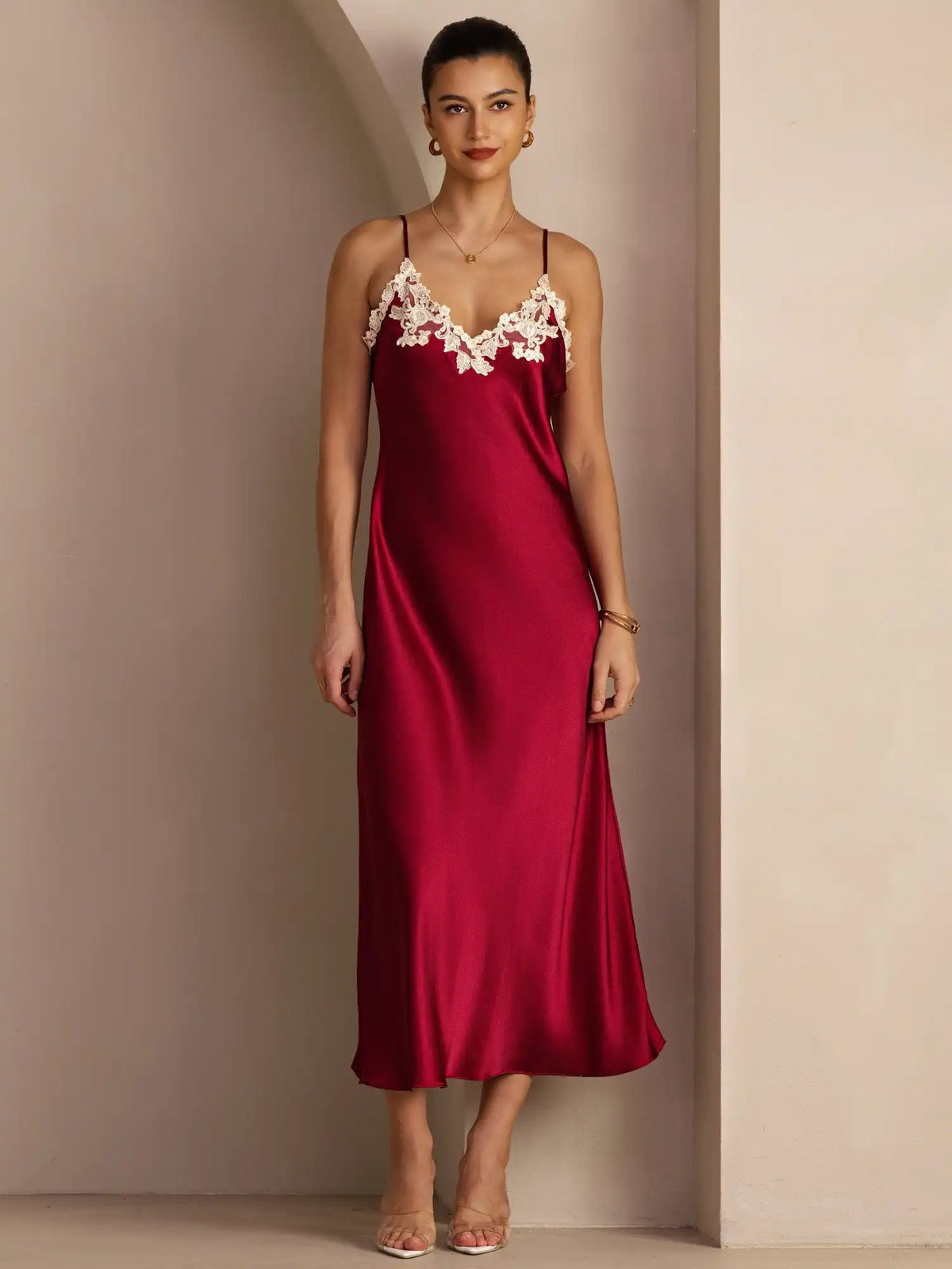 100% Mulberry Silk Spaghetti Strap V Neck Midi Dress with Lace V-Back Design