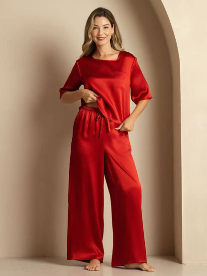 Women's 100% Mulberry Silk Half Sleeve Round Neck Pajamas Set