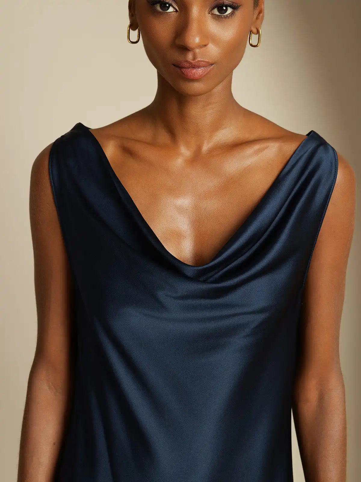 19Momme Silk Sleeveless Cowl Neck Knee Elegant Dress