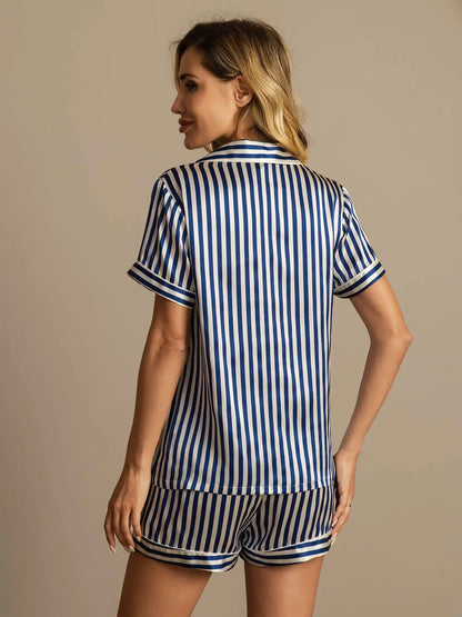 Women's 100% Mulberry Silk Stripe Print Short Sleeve Notch Collar Pajamas Set With Shorts