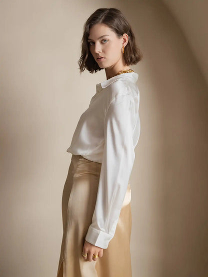 19Momme Silk Long Sleeve Lapel Collar Women's Shirt with Button Up Design