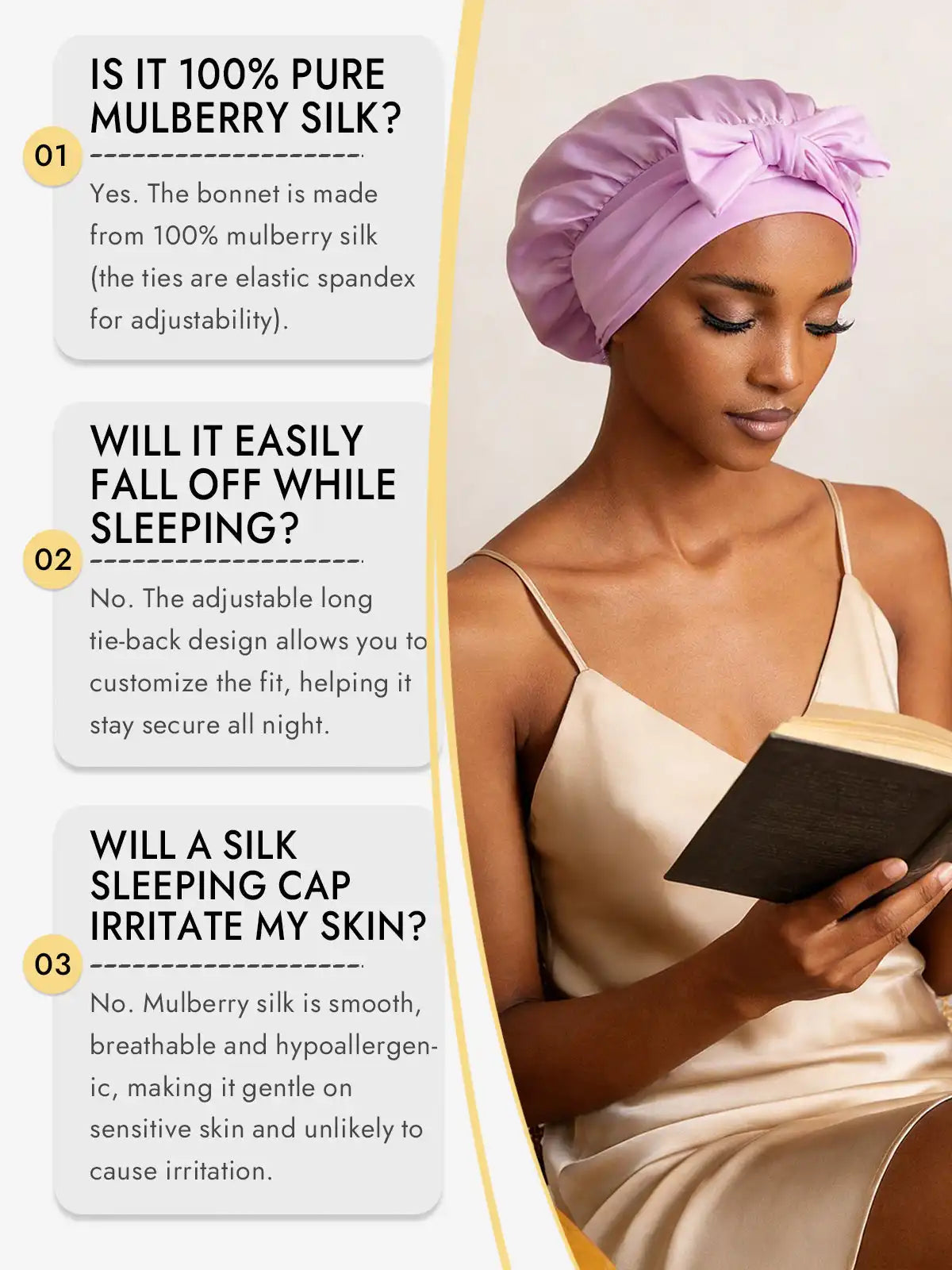 100% Mulberry Silk Bonnet Bowknot Tie Sleep Cap for Hair Protection