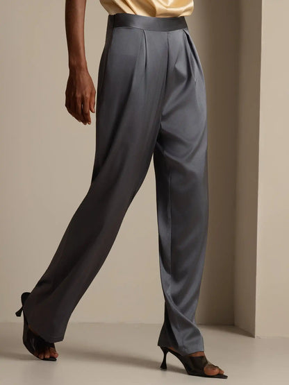 19Momme Silk High Waist Wide Leg Pleated Women's Pants