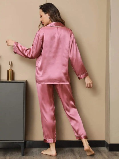 Women's 100% Mulberry Silk Long Sleeve Button Up Pajamas Set