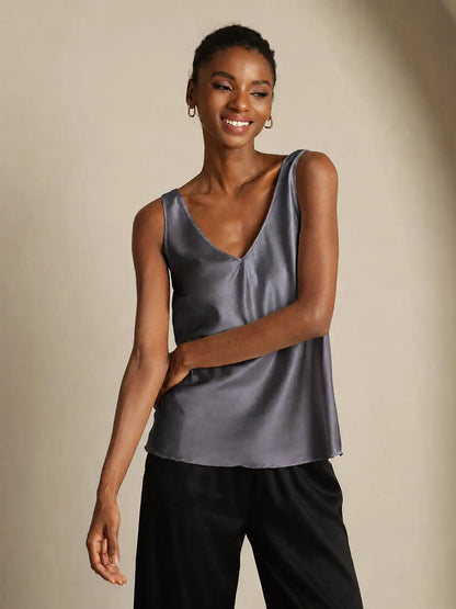 19Momme Silk Sleeveless V Neck Women's Tank Top with V Back Design