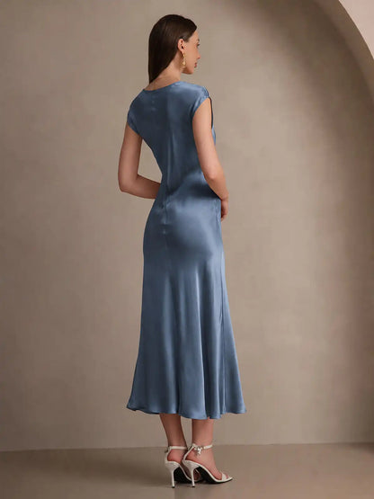 19Momme Silk Cap Sleeve Round Neck Midi Dress