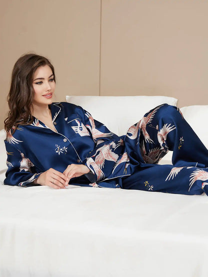 19Momme Women's Crane Print Long Sleeve 100% Mulberry Silk Pajamas Set