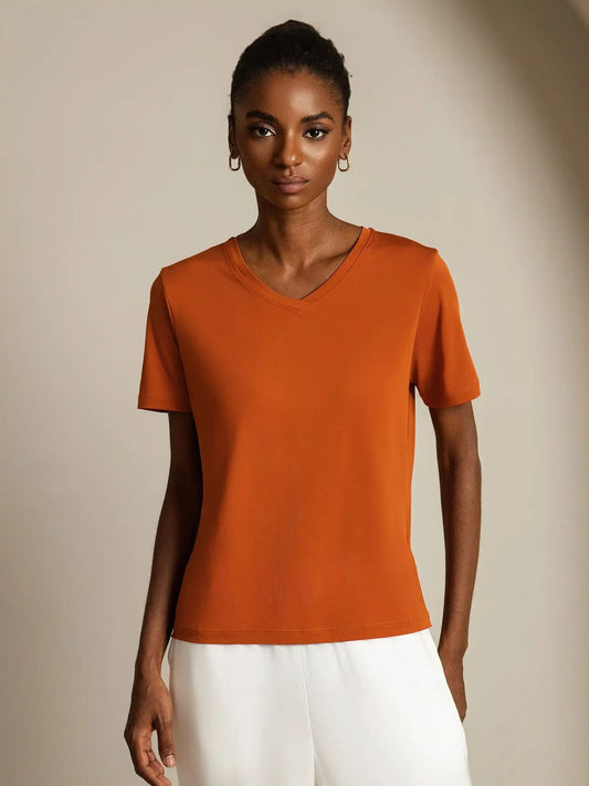 100% Mulberry Silk V Neck Short-Sleeve Snag-Resistant Women's T-Shirt