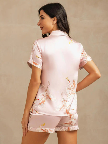 19Momme Women's 100% Mulberry Silk Crane Print Short Sleeve Notch Collar Pajamas Set
