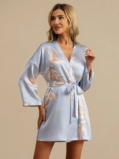 19Momme Women's 100% Mulberry Silk Crane Print 3/4 Sleeve Short Kimono Robe