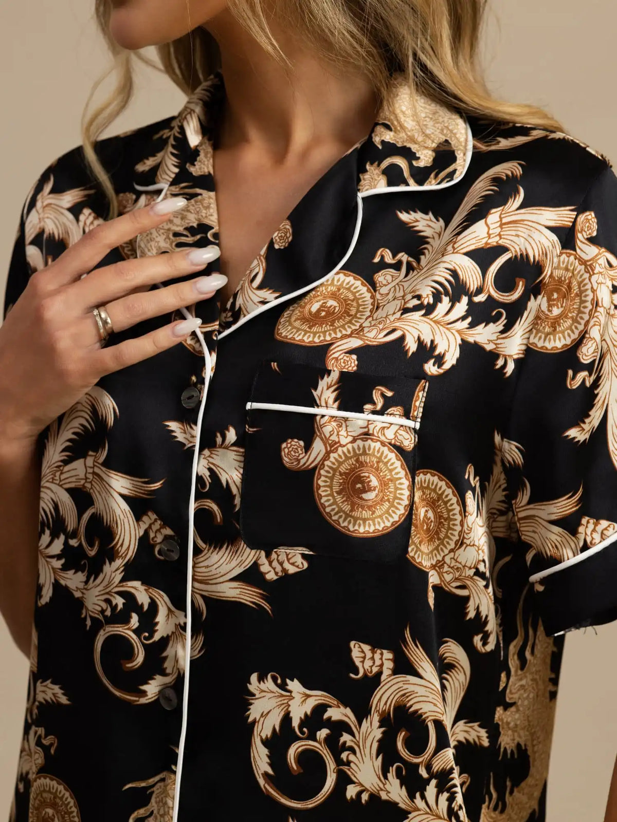 Women's 100% Mulberry Silk Dragon Print Short Sleeve Notch Collar Pajamas Set With Shorts